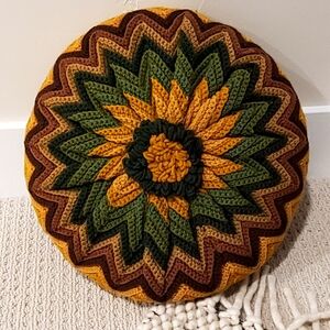 Handknit Crochet Vtg 70's Circle Flower Pillow Golden Yellow/Green/Brown 16" EUC